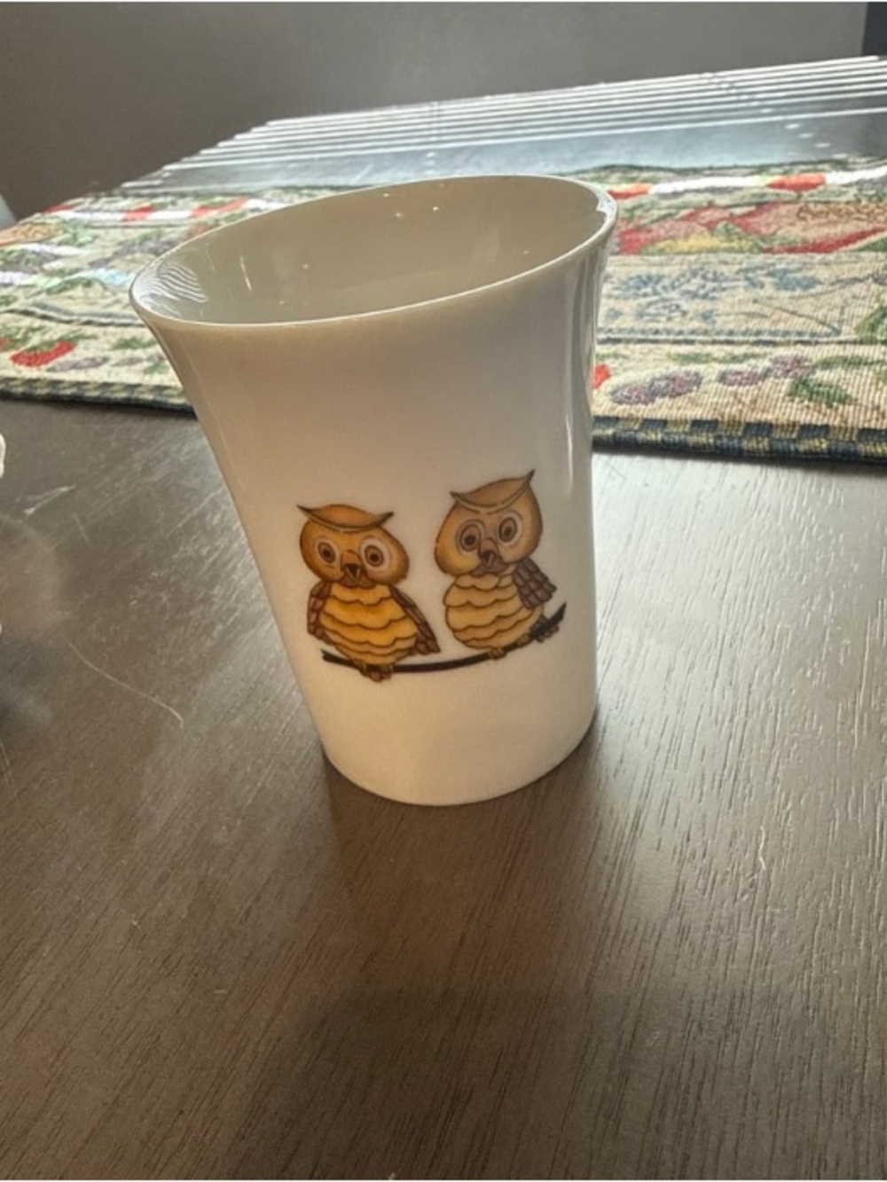 White Ceramic Mug with Yellow Owl Design